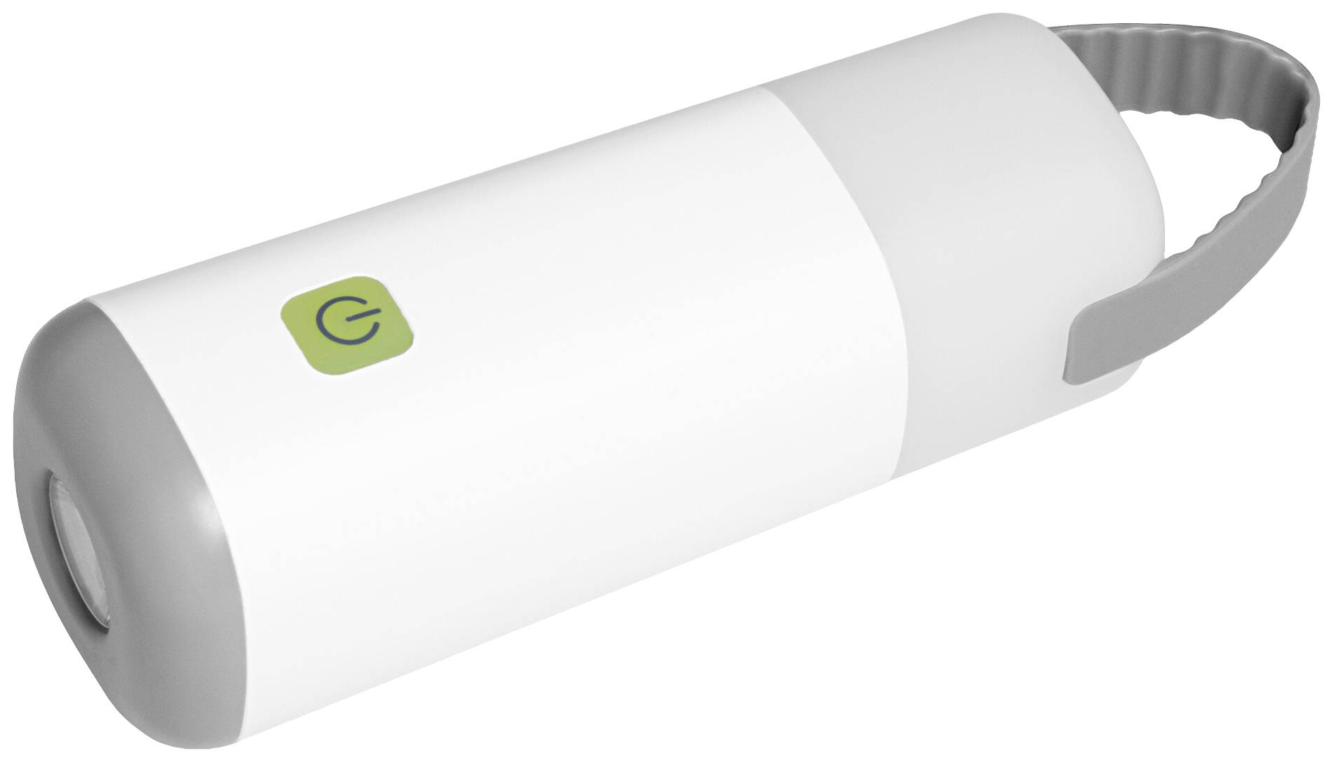Une bouteille portable cylindrique blanche avec des extrémités grises et une poignée de transport.