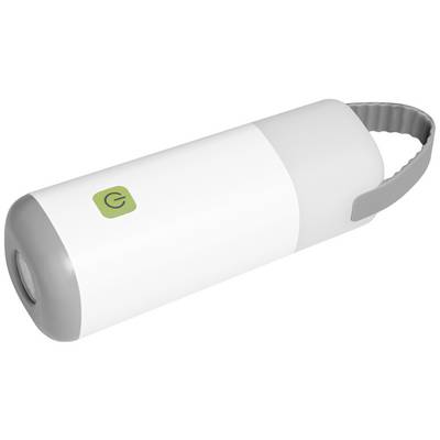 Une bouteille portable cylindrique blanche avec des extrémités grises et une poignée de transport.