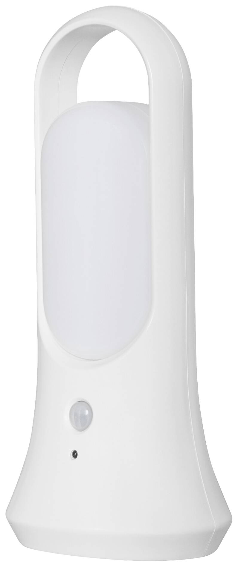 Veilleuse LED blanche portable avec capteur et poignée de transport.