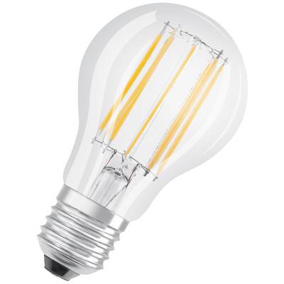 Une ampoule LED à filaments apparents, avec un design en verre dépoli, sur un fond blanc.