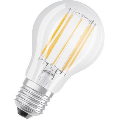 Une ampoule LED à filaments apparents, dans un corps en verre transparent et une douille métallique.