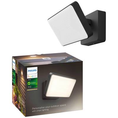 Applique murale et emballage du luminaire extérieur Philips Hue. Le luminaire présente un design carré et offre des options d'éclairage intelligentes.