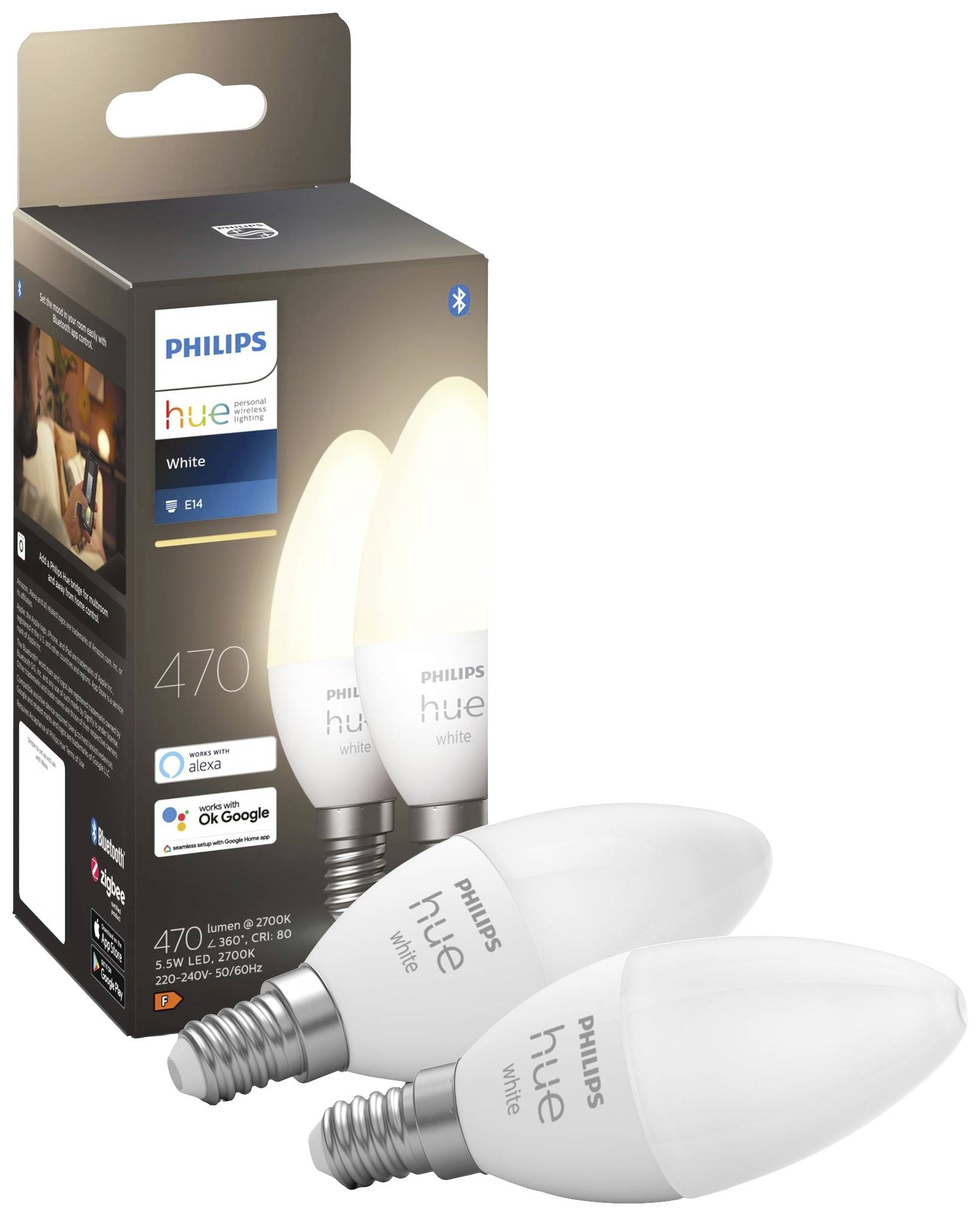 Ampoules Philips Hue White dans un coffret de deux ampoules LED E14. Elles offrent 470 lumens et sont compatibles avec Amazon Alexa et Google Assistant.