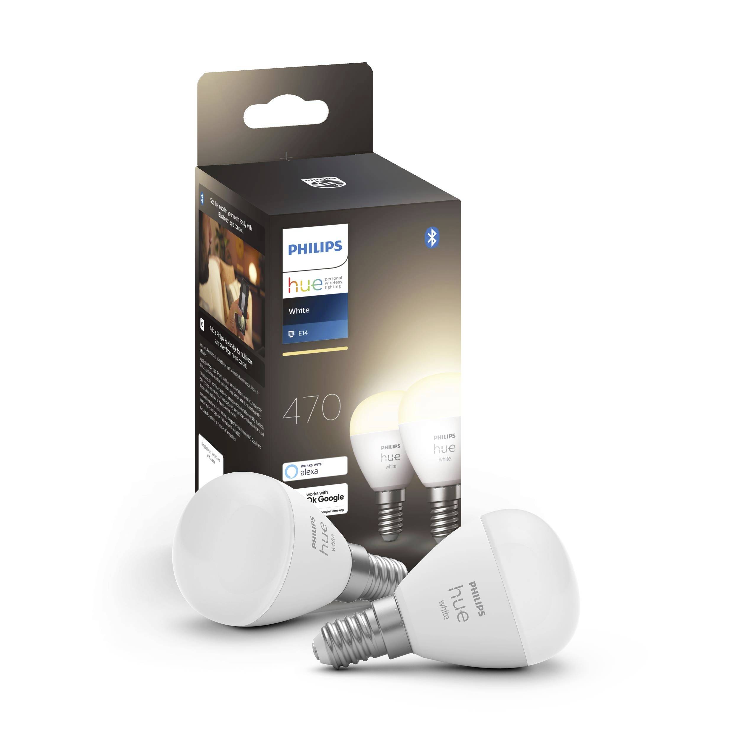 Ampoule LED Philips Hue White, E14, compatible Bluetooth, économe en énergie, 470 lumens, présentée devant son emballage.