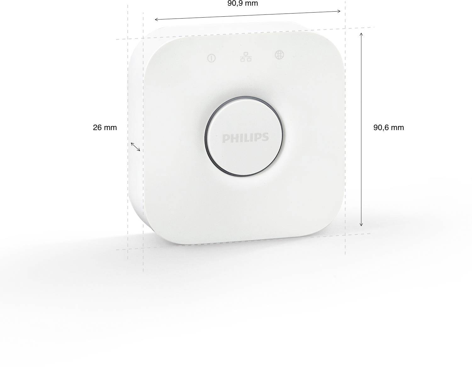 Un hub blanc carré aux angles arrondis avec un bouton central. Dimensions : 90,9 mm de largeur, 90,6 mm de hauteur, 26 mm de profondeur.