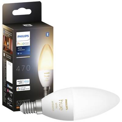 Emballage d'une ampoule LED Philips Hue White Ambiance E14, 470 lumens, avec Bluetooth, compatible avec Alexa et Google Home.