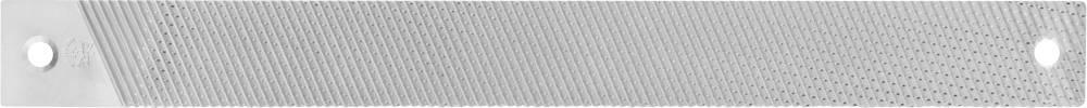 Une grille rectangulaire en métal avec un motif de lignes diagonales, encadrée par un cadre comportant deux petits trous ronds aux coins.