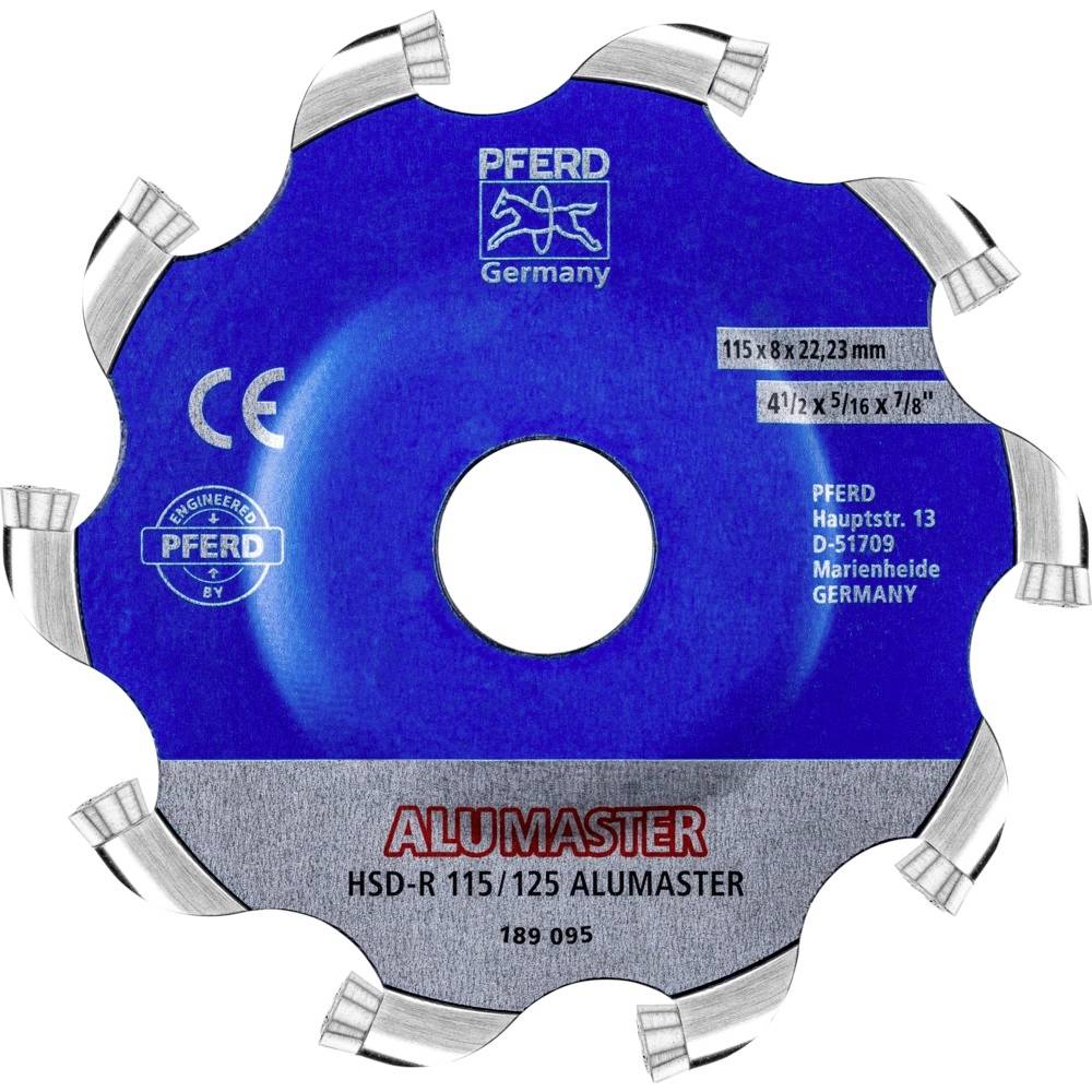 Disque de meulage bleu avec dents métalliques, portant l'inscription : 'ALUMASTER HSD-R 115/125'. Marque 'PFERD'.