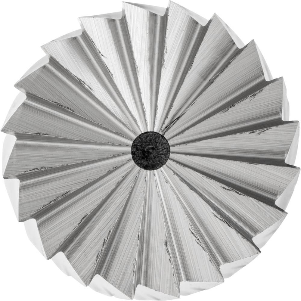 Vue de dessus, la lame de scie circulaire présente des dents métalliques dentelées, disposées de manière uniforme autour d'un point central.