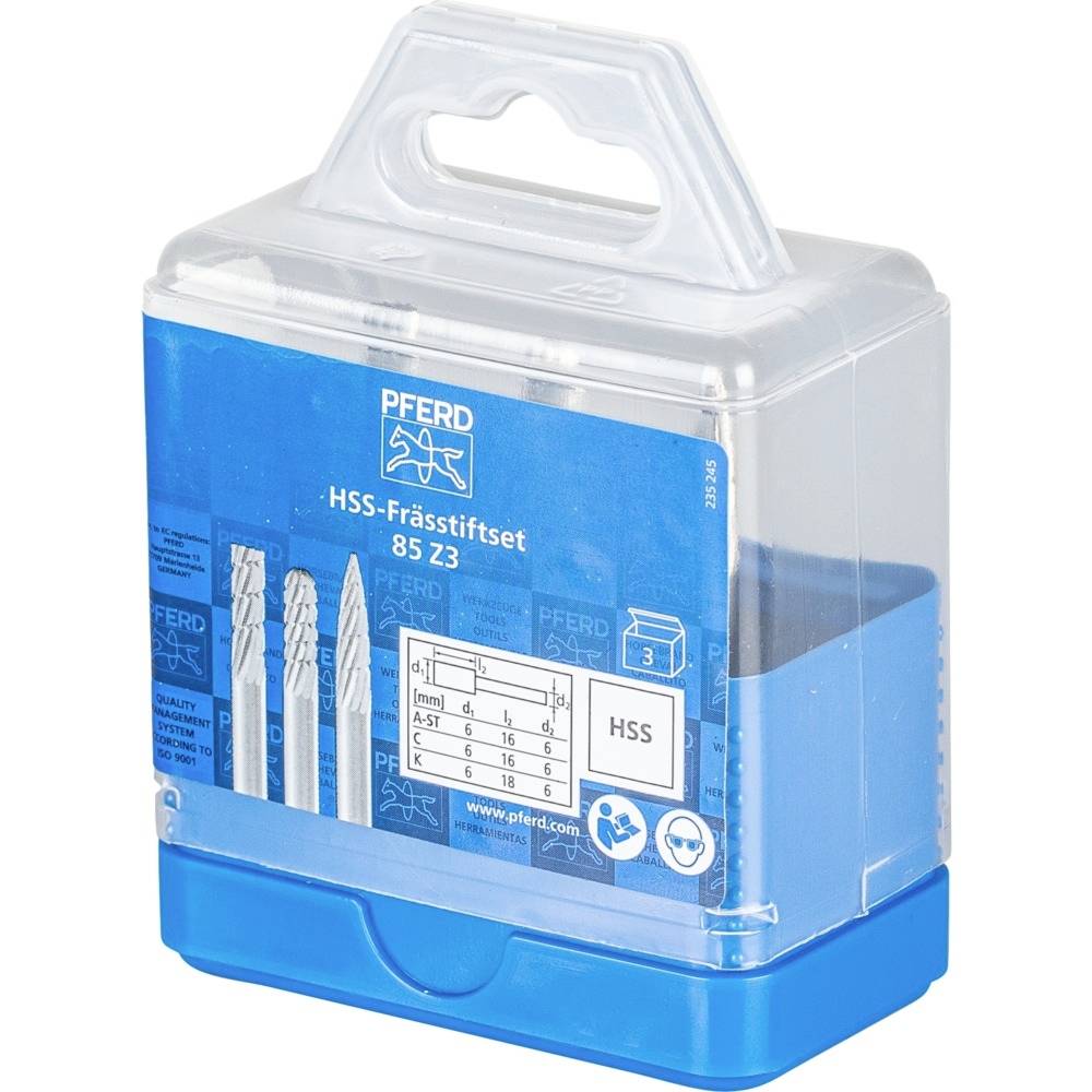 Un emballage contenant un jeu de fraises en HSS de la marque 'Pferd'. Présente les outils et les spécifications du set sur une étiquette bleue.