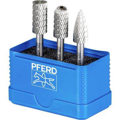 Trois limes à métaux dans un support bleu portant le logo de la marque 'Pferd'. Elles présentent des formes et des structures de surface différentes.