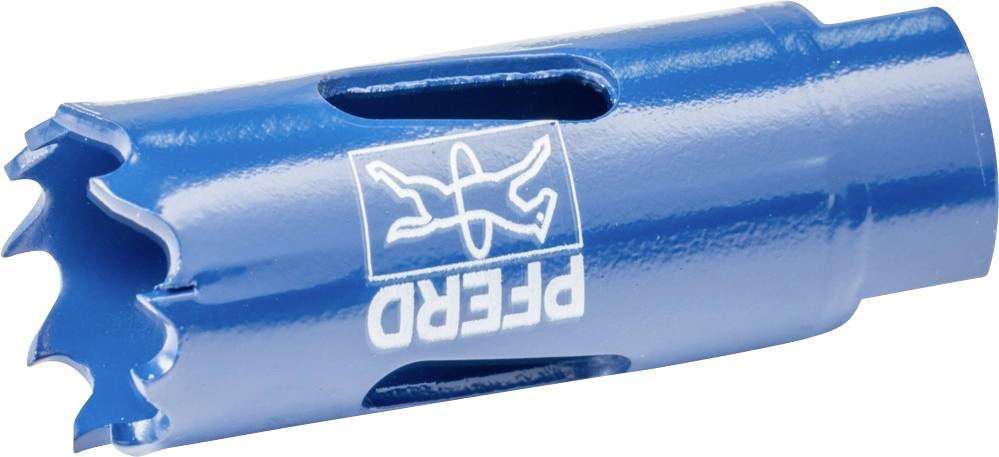 Trépan bleu de PFERD avec denture et fentes de ventilation. Logo de marque en blanc sur le côté. Adapté pour le métal.