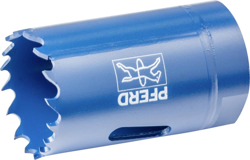Scie-cloche bleue avec bord dentelé, logo de marque 'Pferd'. Idéale pour couper des matériaux durs.