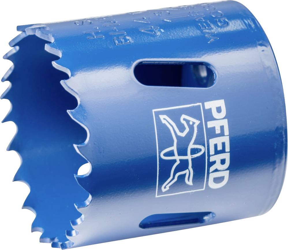 Un foret métallique bleu avec logo de marque et bord dentelé, utilisé pour percer de grands trous dans des matériaux comme le bois ou le métal.