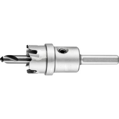 Couronne de forage en métal avec tige cylindrique et plusieurs dents de coupe tranchantes, adaptée au perçage de grands trous sur des surfaces métalliques.