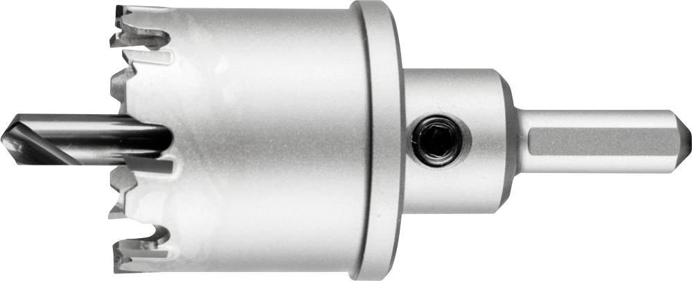 Couronne de forage en métal avec engrenage et forme circulaire, adaptée pour le perçage de grands trous, sur fond blanc.