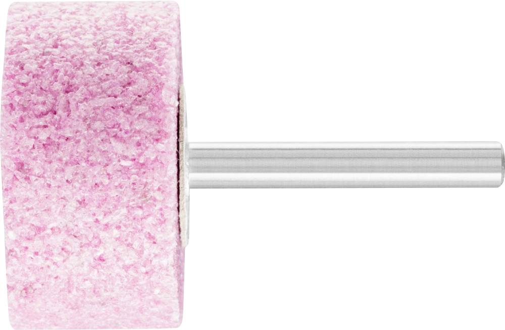 Un embout abrasif rose de forme cylindrique avec un manche en métal argenté. Utilisé pour le traitement ou le polissage de matériaux.