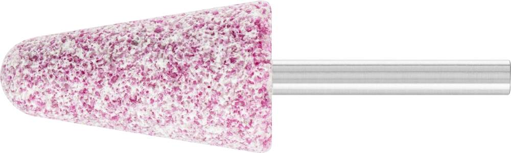 Un embout conique de ponçage en papier abrasif rose et blanc, fixé sur une tige métallique, utilisé pour les soins des ongles.