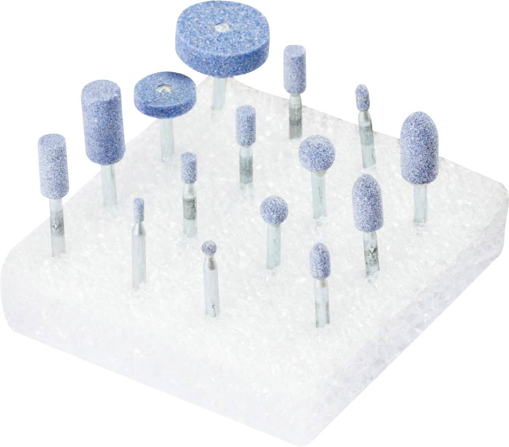 Un ensemble de 15 têtes de meulage bleues de différentes formes et tailles, disposées sur un bloc de mousse blanc.