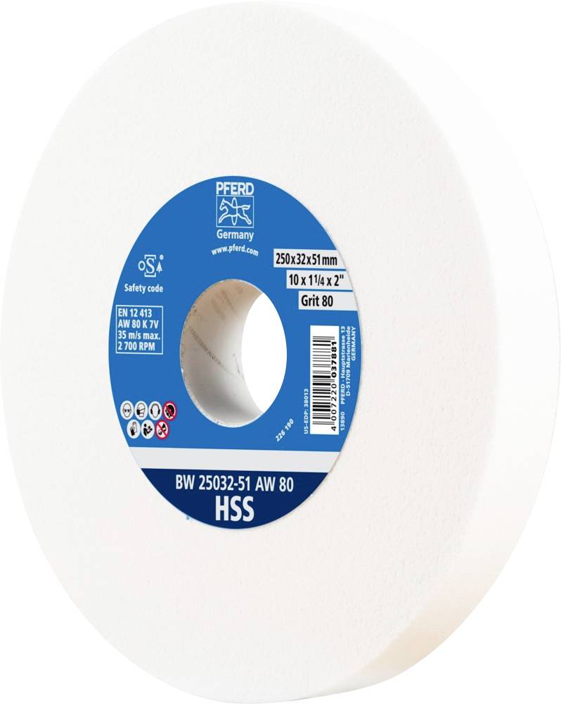 Disque à meuler de PFERD aux dimensions 250x32x51 mm, dureté 80. Contient un code de sécurité et un code-barres sur l'étiquette.