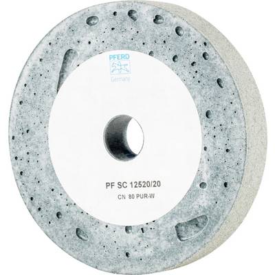 Disque de meulage en matériau poreux avec un trou central, adapté pour les machines industrielles. Inscription : 'PFERD Germany PF SC 12520/20 CN 80 PUR-W'.