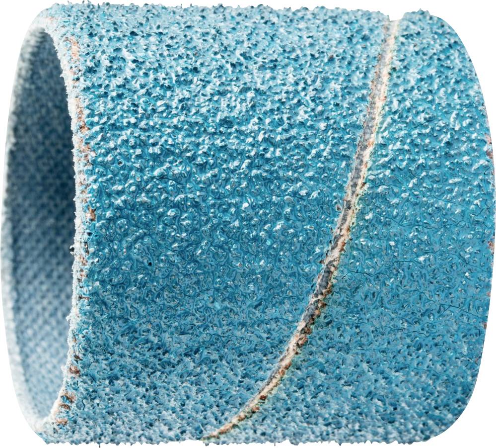Un anneau de bande abrasive bleu. La surface est rugueuse et granuleuse, adapté pour être utilisé sur des machines à poncer pour lisser les matériaux.