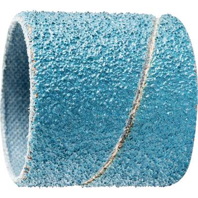 Un anneau de bande abrasive bleu. La surface est rugueuse et granuleuse, adapté pour être utilisé sur des machines à poncer pour lisser les matériaux.