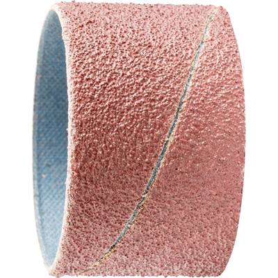 Bande abrasive cylindrique à surface abrasive grossière rose et face intérieure bleue, utilisée pour le ponçage et la finition de surfaces.
