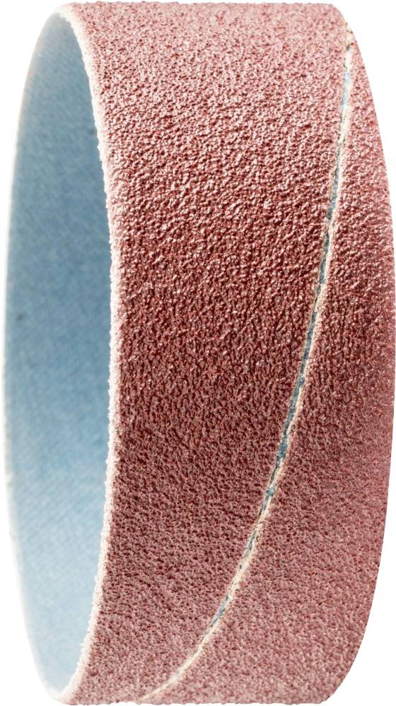 Une bande abrasive de couleur marron en forme cylindrique, teintée en bleu à l'intérieur, adaptée au ponçage de différents matériaux.