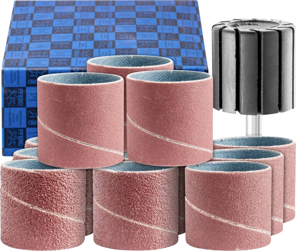 Bandes de ponçage rouges avec l'intérieur bleu, à côté d'un embout de ponçage rond gris et d'un emballage bleu en arrière-plan.