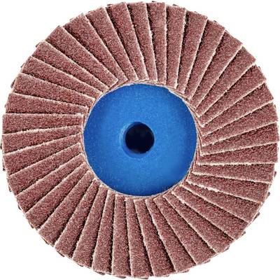 Disque abrasif avec lamelles de meulage trapézoïdales et centre bleu. Utilisé pour la finition fine et le traitement de surface.