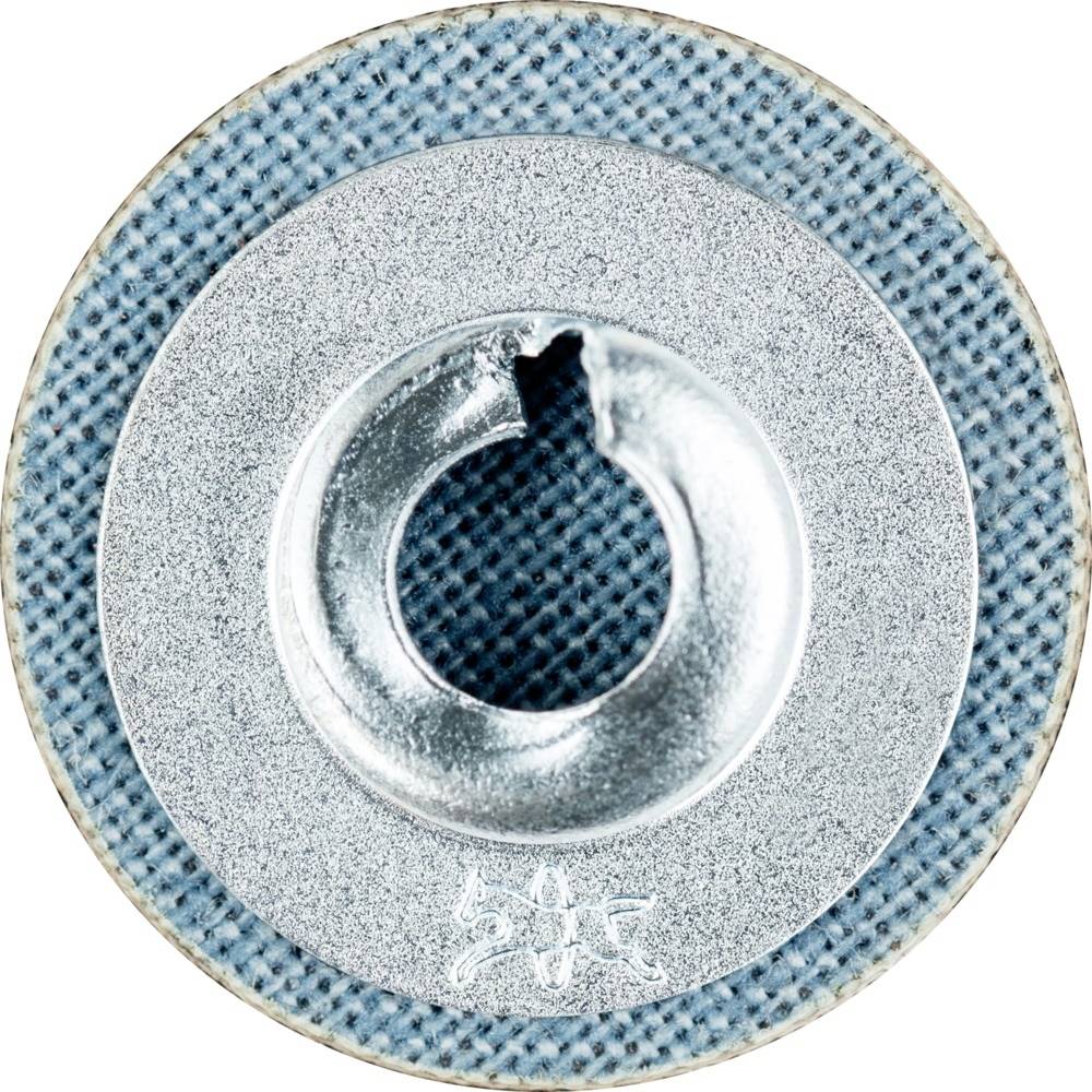 Outil de meulage circulaire bleu et argent, avec un motif structuré et un orifice de fixation central.