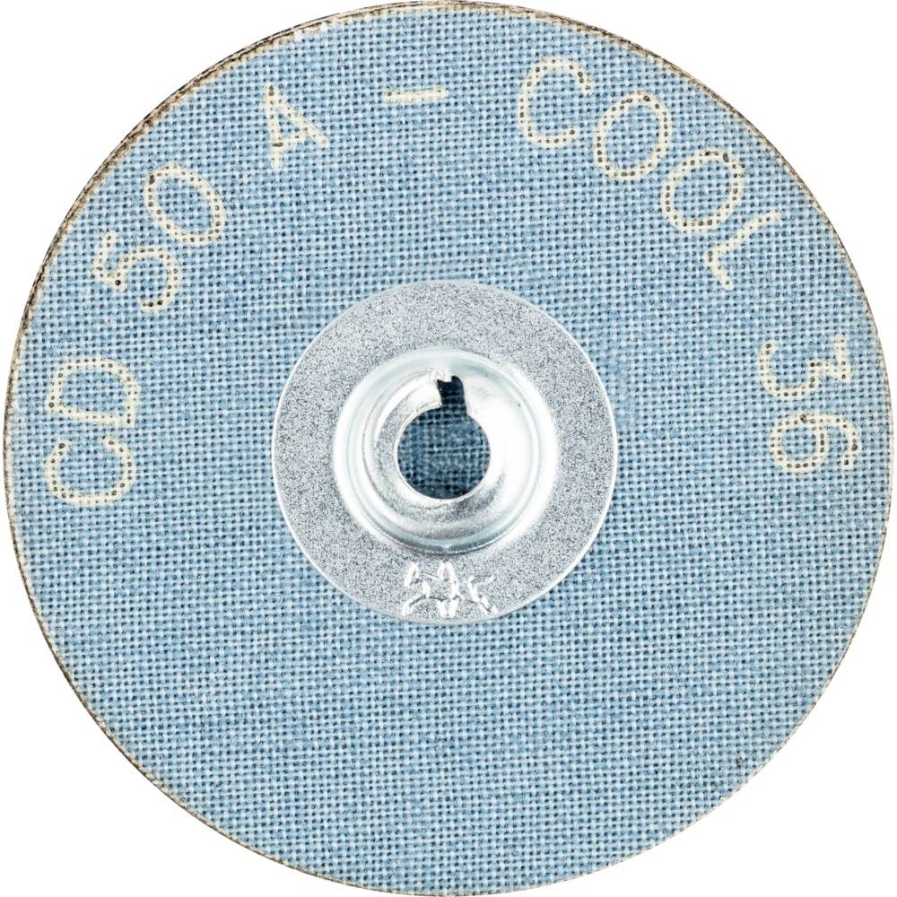 'CD 50 A - CO|CL 36' sur un disque abrasif rond bleu. Centre poinçonné triple fois pour la fixation d'outils.