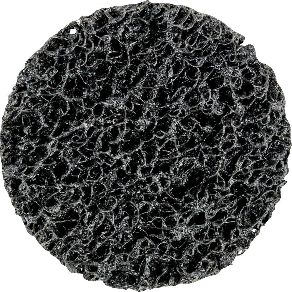 Un disque abrasif noir et rond, doté d'une surface structurée en forme de réseau, utilisé pour les travaux de nettoyage et de polissage.