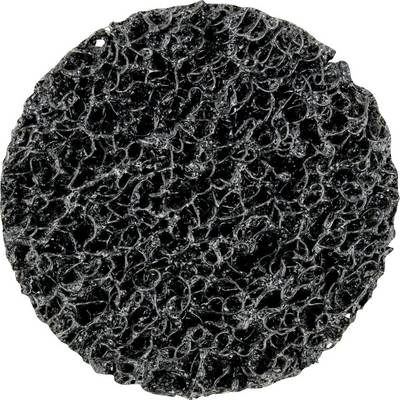 Un disque abrasif noir et rond, doté d'une surface structurée en forme de réseau, utilisé pour les travaux de nettoyage et de polissage.