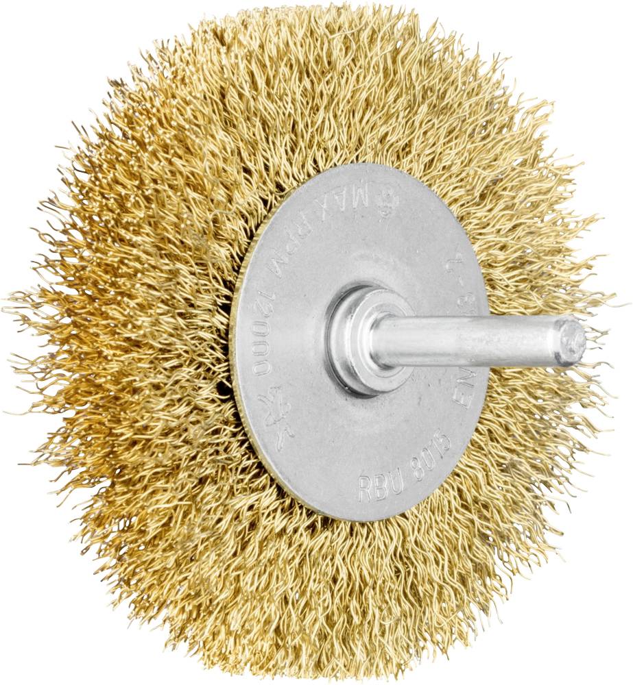Un brosse métallique circulaire avec un garnissage dense de soies couleur or et une fixation argentée, adaptée pour les perceuses.