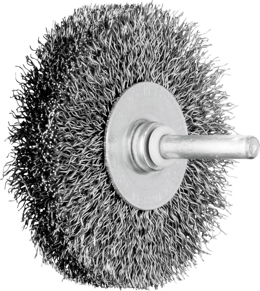 Accessoire métallique brosse pour meuleuse, équipé de poils métalliques serrés et incurvés, destiné au nettoyage ou à l'élimination de rouille ou de peinture.