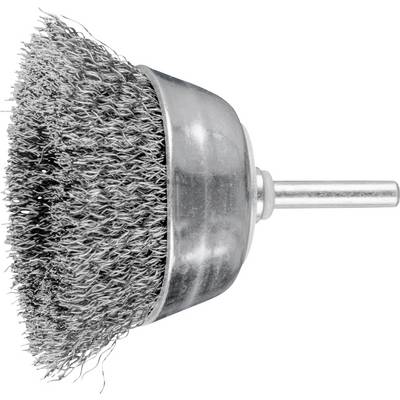 Accessoire de brosse métallique en forme de coupe pour perceuse, avec poils métalliques. Adapté pour éliminer la rouille et la peinture des surfaces.