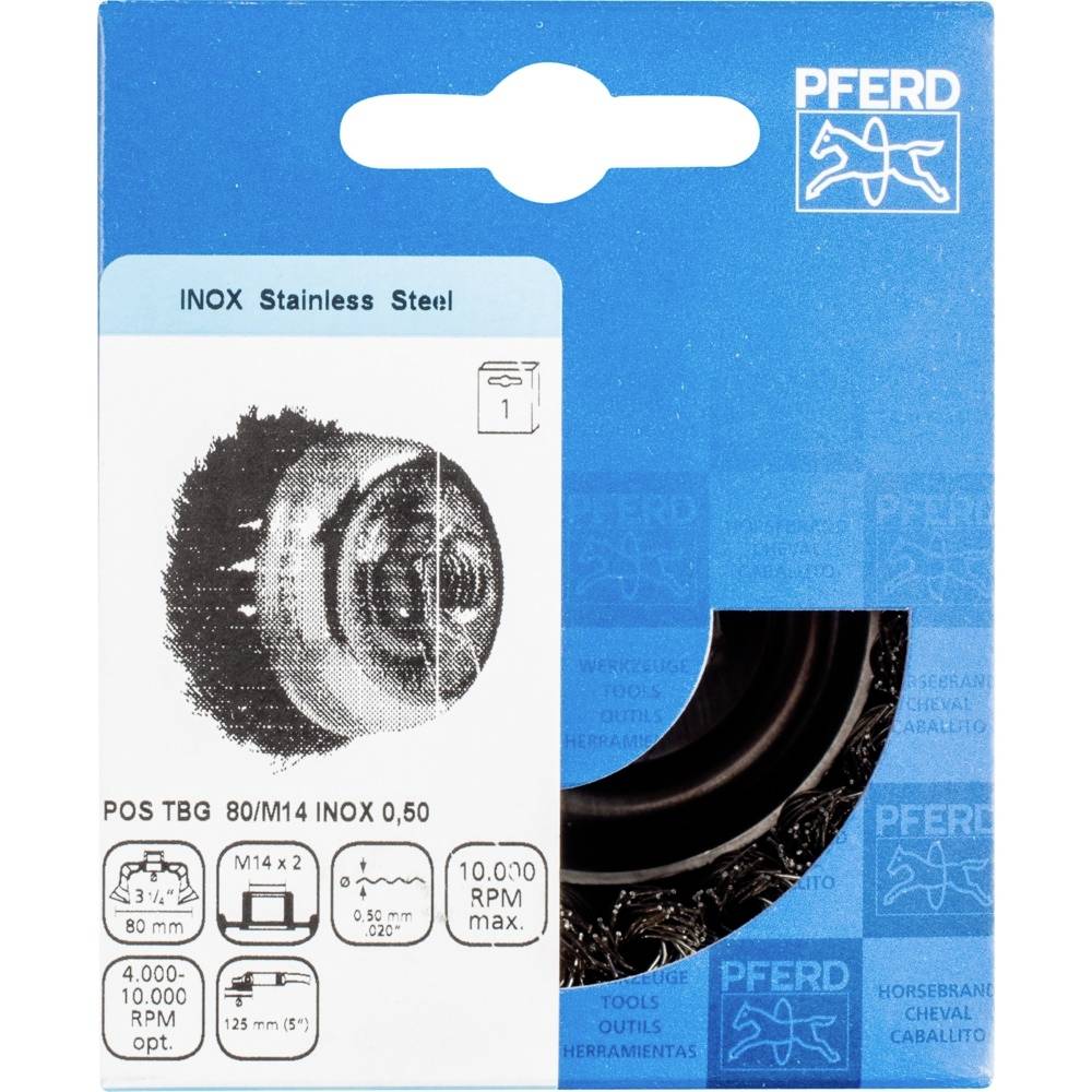 Image d'un produit 'PFERD INOX Acier Inoxydable' avec des spécifications techniques : diamètre de 80 mm, fil d'acier de 0,50 mm, vitesse maximale de 10 000 tr/min.