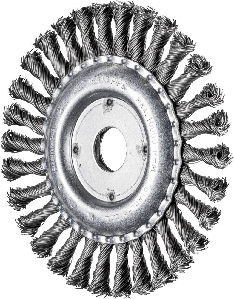 Brosse métallique de forme circulaire avec des poils de fil torsadés, adaptée aux travaux de meulage et de nettoyage.