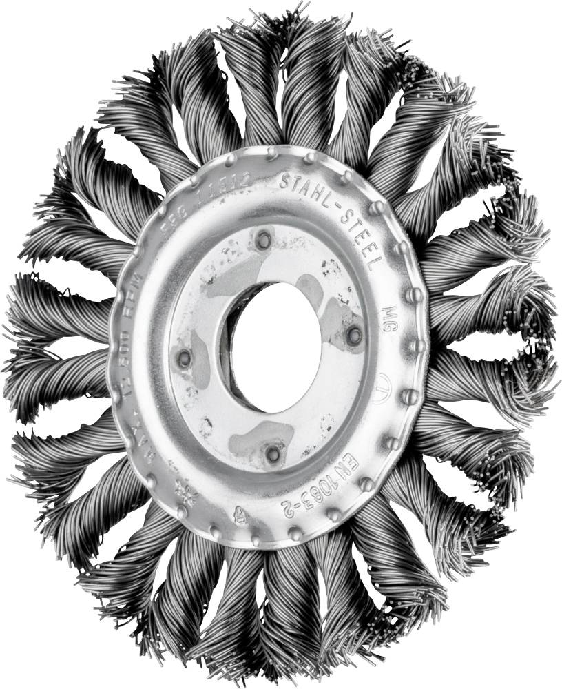 Une brosse métallique circulaire en acier avec des poils torsadés, adaptée pour éliminer la peinture et la rouille sur les surfaces métalliques.
