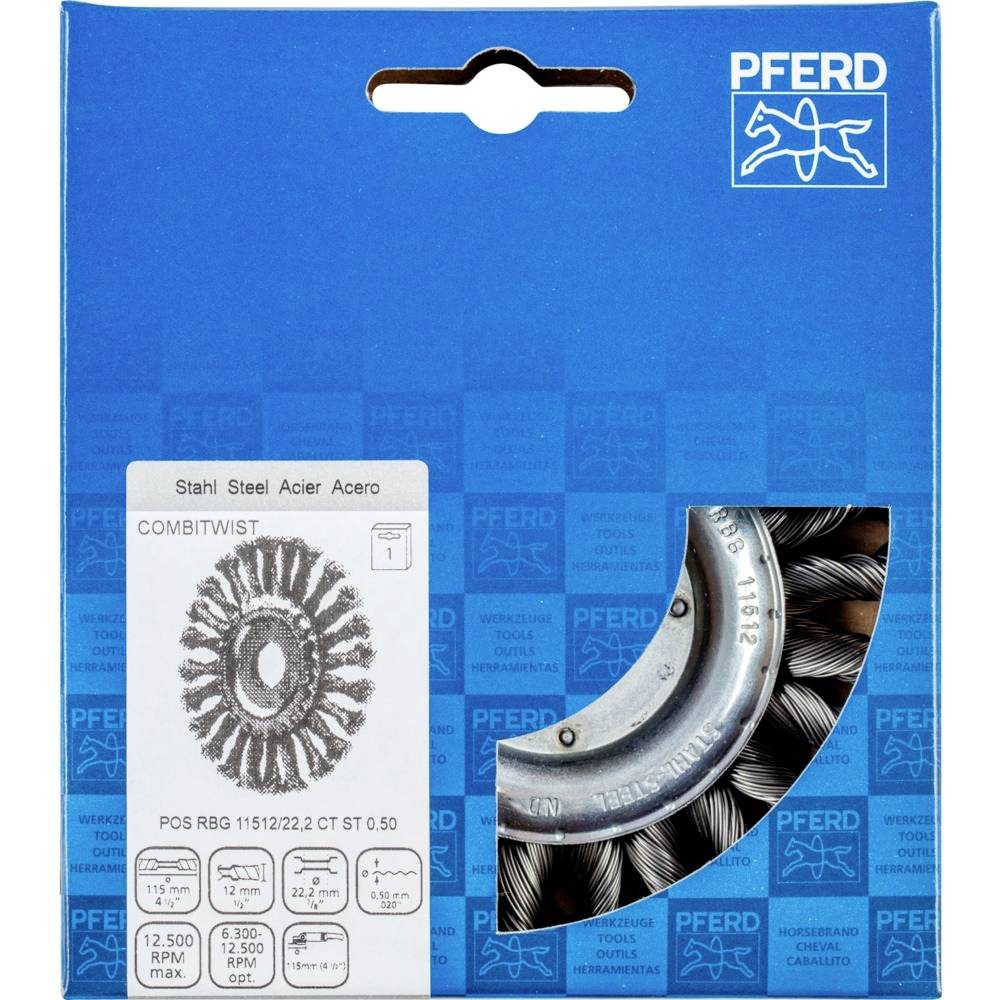 'PFERD COMBITWIST Brosse métallique en acier, 115mm, RBG 7X1, M14x2,0, épaisseur de fil 0,50mm', présentée dans un emballage bleu.