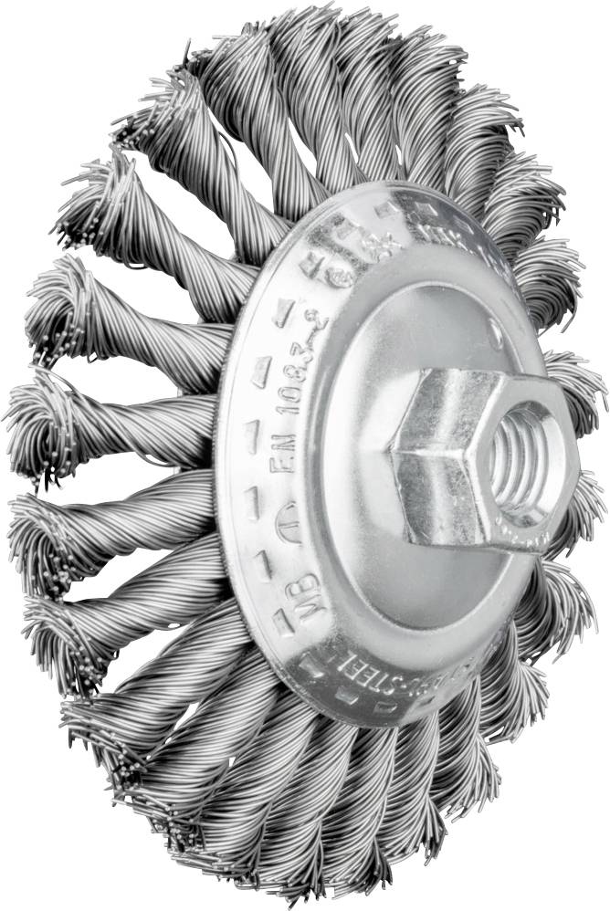 Brosse métallique à poils de fil torsadés sur support métallique, destinée au nettoyage de surfaces.