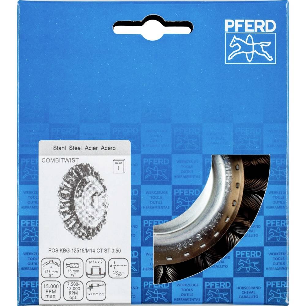 'Emballage d'une brosse métallique PFERD type COMBITWIST, adaptée pour max. 15 000 tr/min et 2 500 tr/min, filetage M14.'