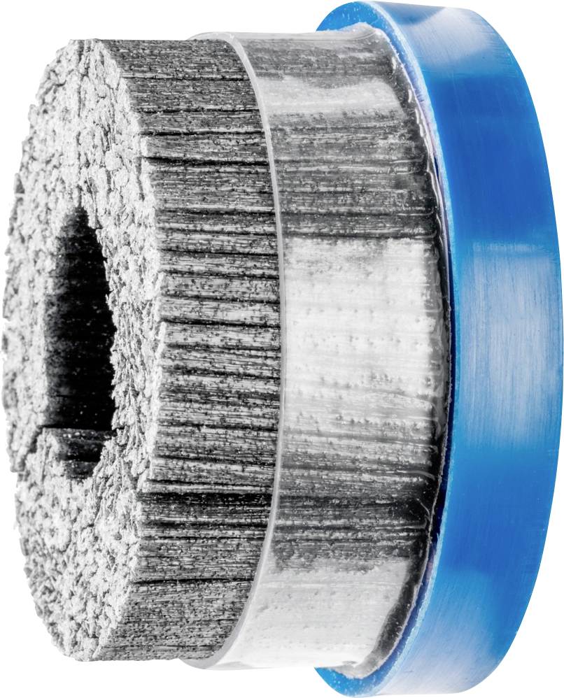 Embout de meulage rond avec des poils bleus et gris, pris de côté.