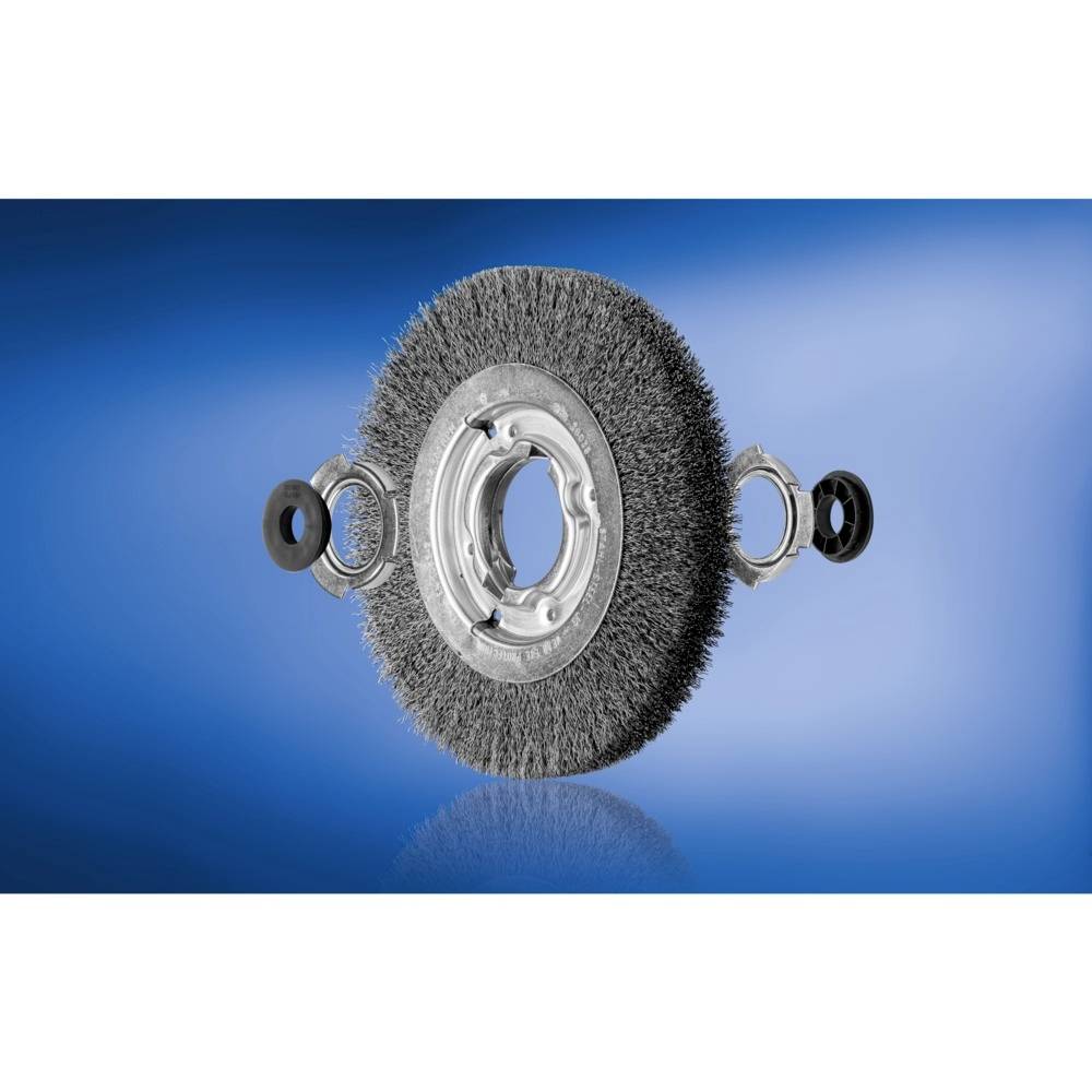 Un brosse métallique à poils radiaux sur un fond bleu, utilisée pour le nettoyage de surface et l'élimination de matériaux.