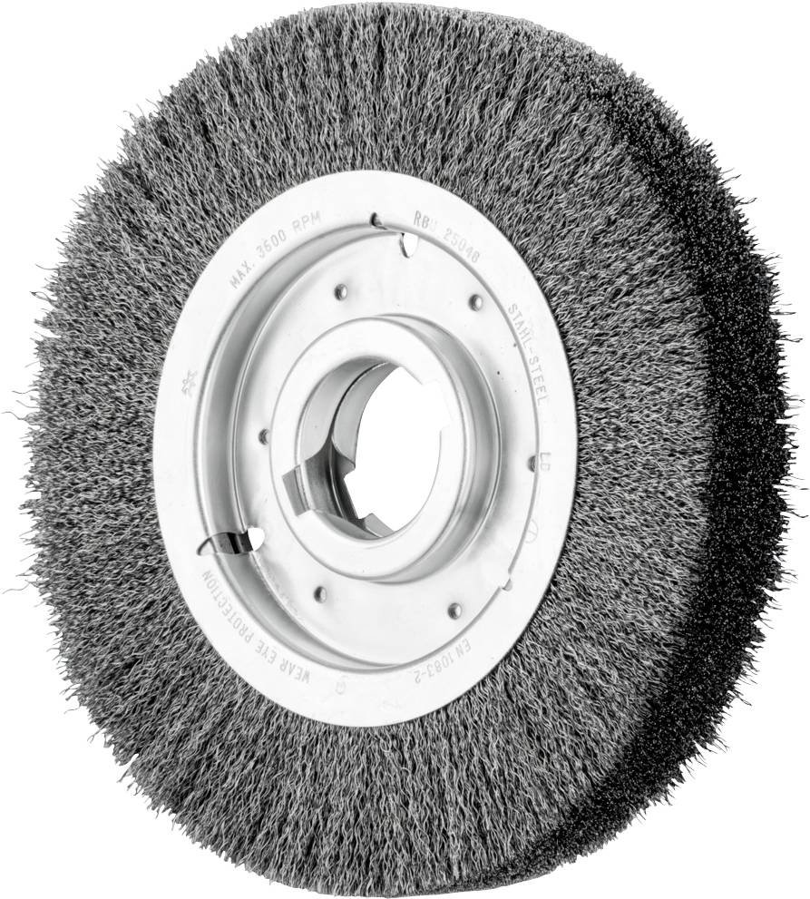 Une roue de brosse métallique circulaire avec un centre en métal, utilisée pour poncer ou polir des surfaces lors de travaux manuels.
