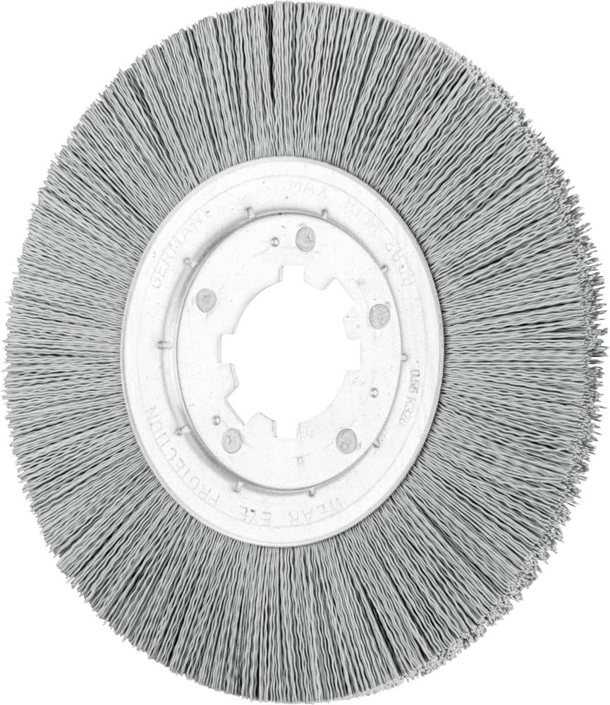 Un pinceau rond gris avec des poils denses, vu de dessus. Il possède un anneau central en métal pour la fixation sur des outils.