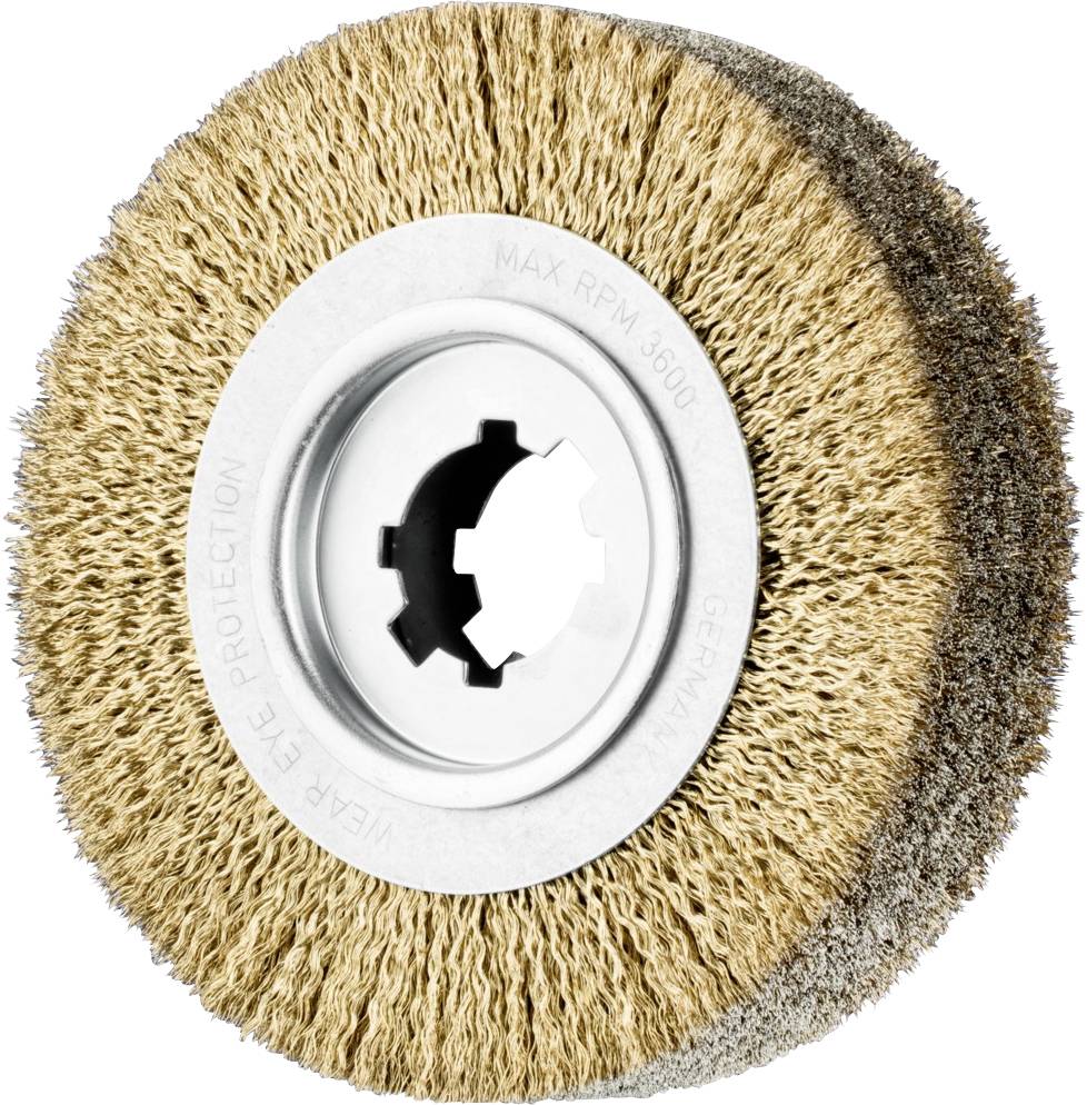 Brosse métallique avec anneau métallique et poils, adaptée aux travaux de meulage ou de nettoyage sur surfaces métalliques. Texte : 'MAX RPM 4500'.