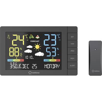 Station météorologique avec écran affichant la température intérieure actuelle de 24°C, la température extérieure de 23°C, l'humidité de l'air ainsi que les prévisions météorologiques avec soleil et nuages.